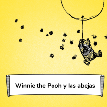 Line drawing of a bear holding the string of a balloon and floating while being chased by bees.