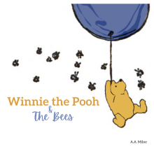 Winnie the Pooh, a yellow bear, is holding the string of a balloon and floating. He is surrounded by bees. 
