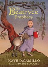 Book cover shows a young girl in a monk's robe petting a goat and holding a book.