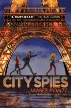 Book cover show the base of the Eiffel Tower at night with three pre-teens running as if on a mission.