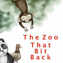 A monkey reaches down towards the text while a panda and a pigeon look on. Image by Storynory.com