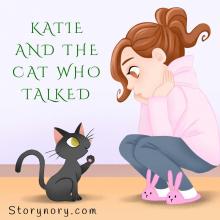 Cartoon tween girl crouches next to a black cat. Image by Storynory.com.