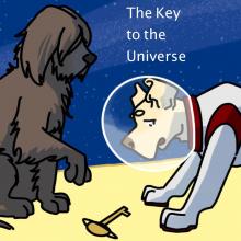 A white dog wearing an astronaut helmet and a brown shaggy dog looking at a key. Image by Storynory.com