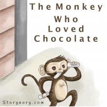 A cartoon monkey has a chocolate bar in its mouth. Image by Storynory.com. 
