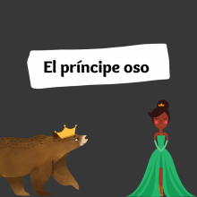Bear wearing a crown looking at a woman wearing a green gown