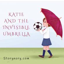 Schoolgirl walking holding red umbrella and soccer ball. Image by Storynory.com.