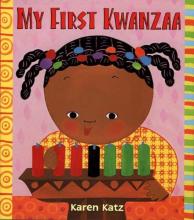 Book covers shows a young black girl with pig-tail braids looking at the kinara and Kwanzaa candles. 