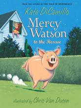 Book covers shows a happy pig running across a green lawn with a hedge and white, two-story house in the background.