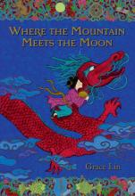 Richly colored book cover shows a girl in traditional Chinese clothes riding on the back of a red dragon through a midnight blue sky with beautifully intricate borders at the top and bottom edges of the book. 