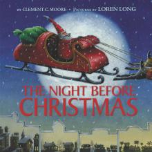 cover image of book, The Night Before Christmas, shows Santa in his flying sleigh with the full moon behind and a city roofline below