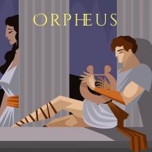 A cartoon Orpheus leans against a white column, playing a stringed instrument. Image provided by Storynory.com 
