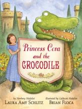 Book cover shows a princess dressed in blue alongside an over-sized crocodile holding a shield with the book title on it and a castle in the background.