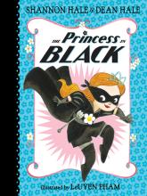 Image of a book cover, outlined in blue with a girl dressed all in black with a cape and mask tip-toing forward.