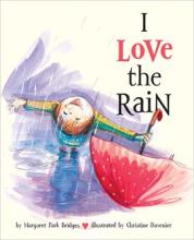 Book cover shows girl in the rain leaning face up with her red umbrella by her side.