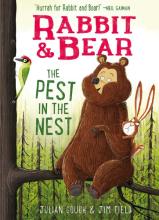 Image of a book cover shows cartoon-style bear and rabbit sitting together on the branch of a tree and watching a woodpecker.