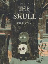 Dark-toned book cover shows a little girl holding a skull standing in front of a large tree in a forest with snow on the ground.