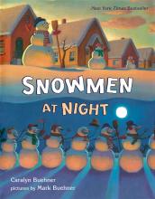 Book cover shows a snow-covered neighborhood on the top half and a line of snow-folk with the moon overhead on the bottom half.