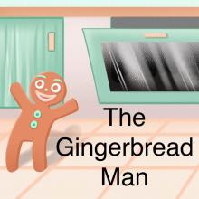 Cartoon of a gingerbread man in front of an oven. Image by Storynory.com.